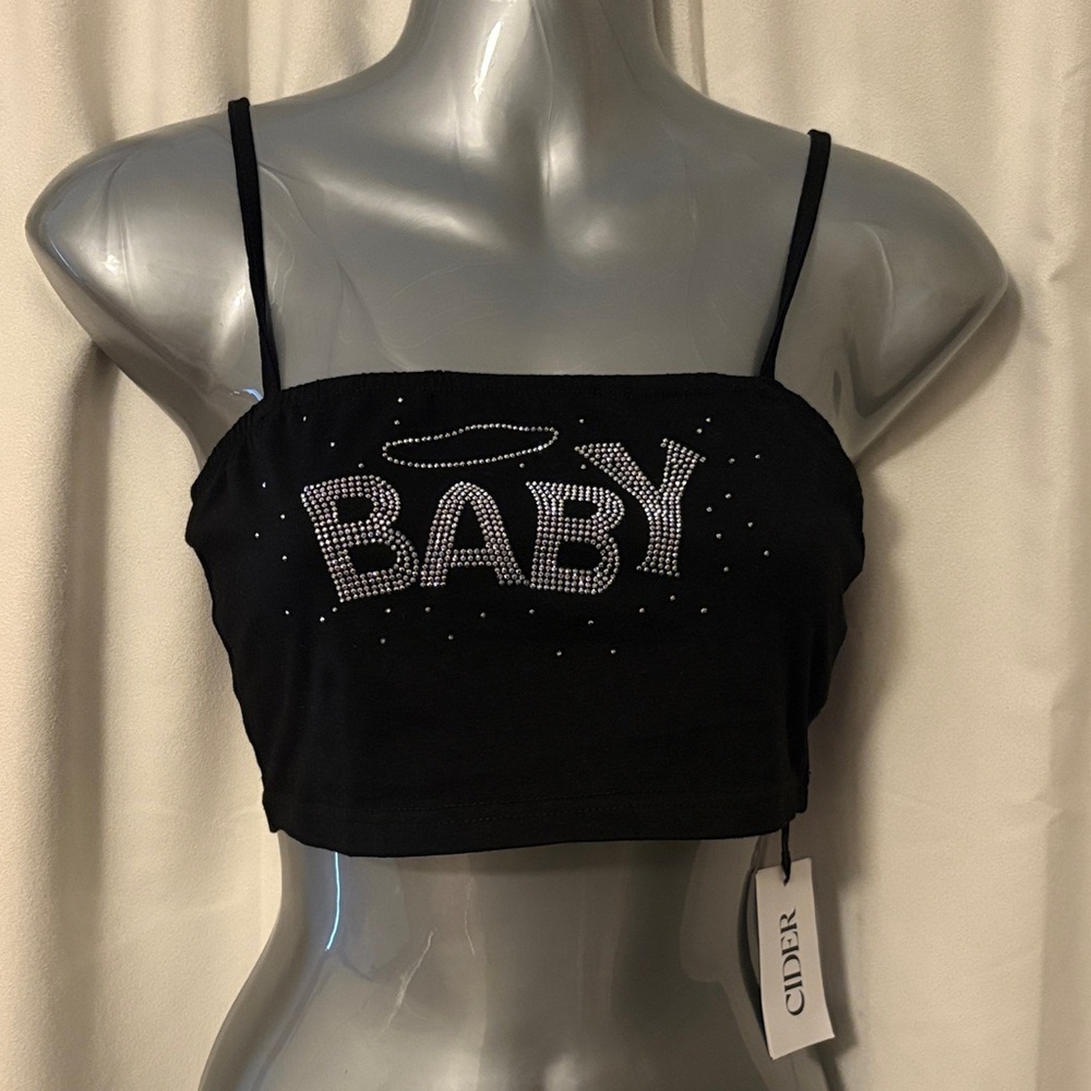 Cider Black Crop Top with Rhinestone Design